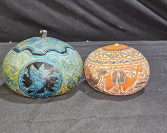 2 Carved and Painted Gourd Boxes