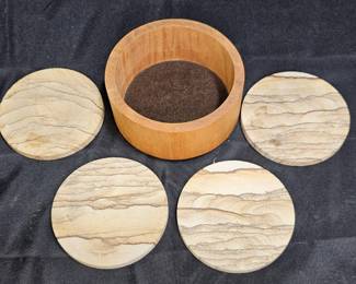 4 Round Sand Stone Coasters with Wooden Holder