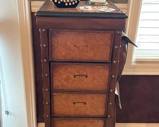 Vintage, leather wrapped, chest of drawers.