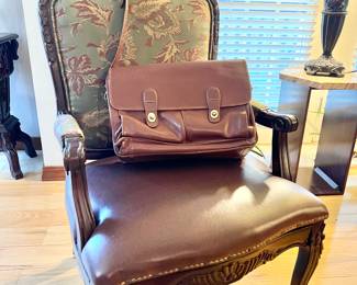 Vintage, leather COACH briefcase & french, antique style leather & carved wood accent chair.