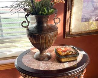 Marble top wood carved accent table, metal vase & vintage, glass, hand painted box.