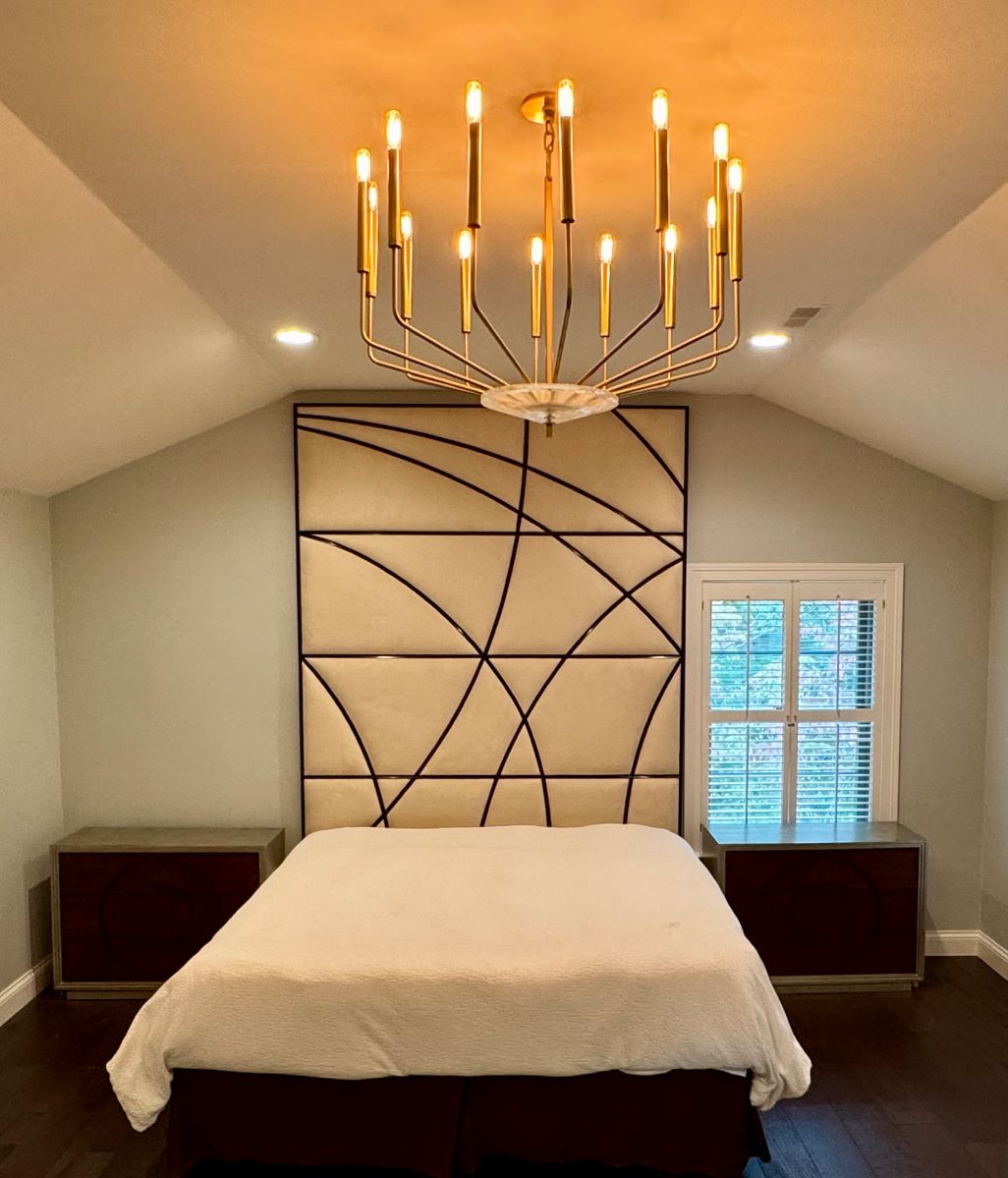 Designer four-panel headboard by artist Christopher Guy - 4 panels featuring wood trim and suede upholstered inserts - perfect condition!! (originally purchased for $17k!!!)(4 available) - 78x24. $2000/panel.