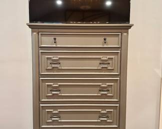 $550 - 5 drawer high boy. Lightly distressed grey -41x18x61; $150 - Insignia/Roku TV with remote - 48 inches