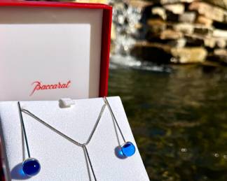 Shop fine jewelry in person or call to inquire! - Baccarat Temptation blue drop sterling necklace with sterling blue drop earrings
