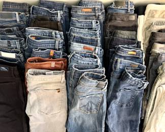 So many blue jeans and pants of every color, many with the tags still on! Shop the jean bar in person!
