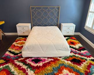 $350 - Full size Safavieh Morris lattice metal headboard, footboard, mattress included. $340 (each)- Legacy Chelsea by Rachel Ray nightstand (currently sells new $567) (2 available)- 24x16x27; $250 - Multicolor shag rug by Karnfy