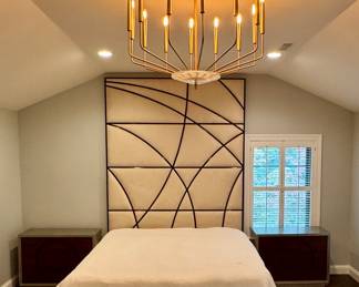 Designer four-panel headboard by artist Christopher Guy - 4 panels featuring wood trim and suede upholstered inserts - perfect condition!! (originally purchased for $17k!!!)(4 available) - 78x24. $2000/panel.