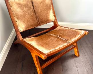SOLD - In the style of mid-century modern - teak wood and authentic hide and accent chair- 26x27x27