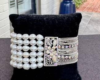 Shop fine jewelry in person or call to inquire! Pearl and silver bracelet set with rhinestones - missing one small rhinestone