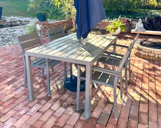 ($250 - Lightweight table with 4 chairs, table is 50L x 35W x 29H and chairs are 21L x 20W x 33H)( $150 - Blue umbrella and umbrella stand, 107 x 59)