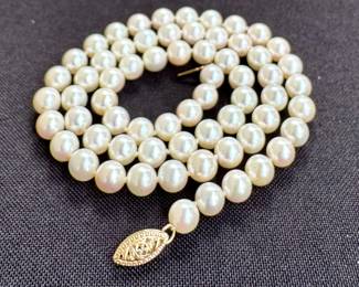 Shop fine jewelry in person or call to inquire!- Beautiful pearl necklace with 14k clasp, 16".