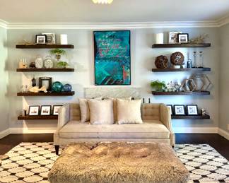 $500 - Large scale ottoman, faux fur, metal base - made in North Carolina - 54x35x17; $600 - Jennifer Taylor tufted back sofa with nail head trim - 80x36x31; $1200 - Reversable, Ben Soleimani for Restoration Hardware, flat weave rug - 11x14. All in great condition!