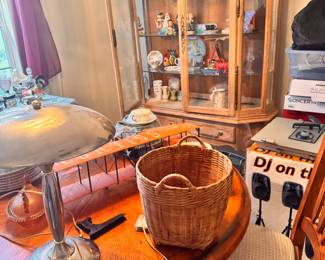 Disney figurines , vintage glassware, wood round table and chairs 