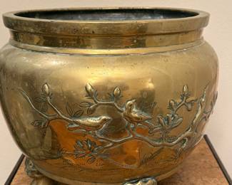 Antique bronze footed jardiniere with birds relief 