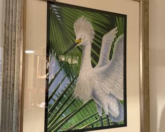 "Snowy Egret" gorgeous AP etching by John Costin in custom frame
