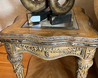 Schnadig Pecan wood end tables...these tables have a mottled black marble inset surround, glass tops and a bottom shelf. Gorgeous and unusual!