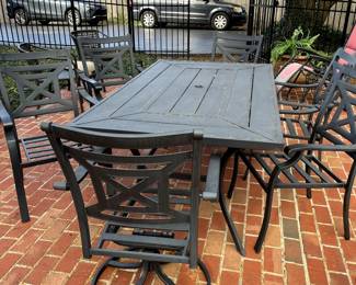 Wonderful 6' outdoor patio tables and 6 chairs! Great set! Two of the chairs swivel, and all have arm rests...this is study, all weather cash iron furniture at its'best! Great Chippendale design...you NEED this!