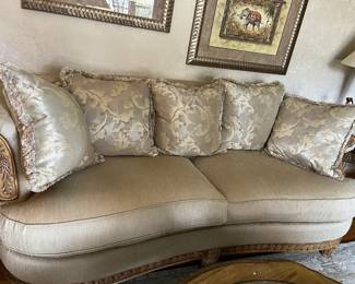 LOOK AT THIS COUCH! Schnadig quality and rare beauty...NOT your typical piece of furniture, thank Heaven! Pecan wood trim and feet...5 cushions, simple elegance!