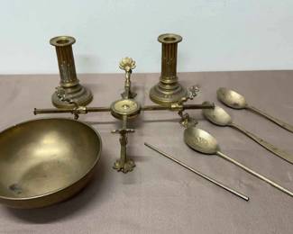 Brass Set with Bowl, Candlesticks, Spoons More