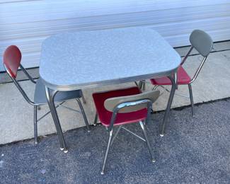 50s Diner Style Kitchen Table with 3 Chairs  Chrome, Red  Gray