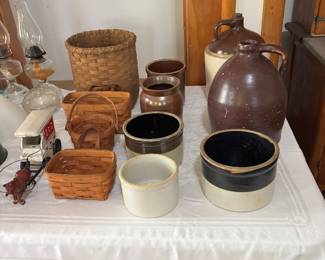Longaberger baskets, Crocks and Jugs. Lots of canning jars.