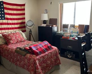 TWIN BOX SPRING, MATTRESS AND FRAME, BEDDING, FLAG, DECOR, CHEST, LATERAL FILE CABINET, OFFICE SUPPLIES, LAMPS, ETC