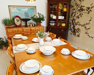Blue onion corelle dishes, sold as set
Drop leaf table with 3 leafs (one not picture) and 6 chairs (sold as set)