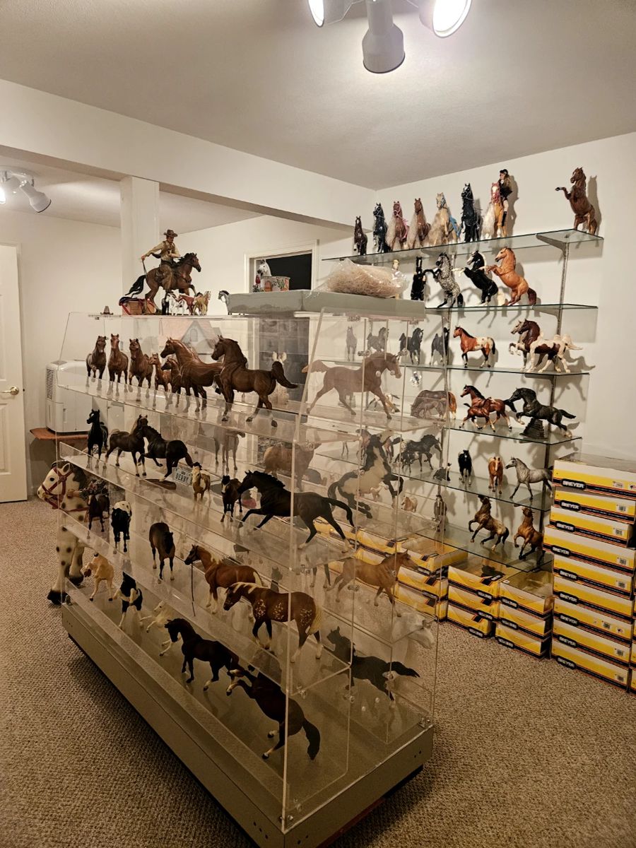 Breyer Horses displayed do not have boxes.
The Breyer boxes (seen in photo) each has a horse enclosed)
Center Display shelves are also for sale!!
