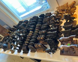 Bookends: Western related, horses, wagon team, Indians. Bee Hive String Holder. Iron trivets. Black Americana.