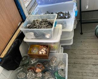 The last 5 pictures shown here are of a collection of pewter tops and bases that go with glass jars, etc. A collector can put sets together and sell separately or give away, etc. All being sold for one price, super reasonable. This picture shows the entire collection in these bins.