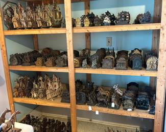 Cast Iron Ships: lamps, doorstops, bookends. Bookends: Thinker, Parthanon, Victorian motif, Dogs, Elephants. Boot scraper Duck.