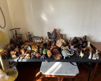 Miniature chair. Figural items, mixed material; people, animals, fish, dolphins, ducks, armadillo, dogs, etc.