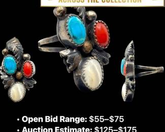 Lot # : 64 - 1950s Navajo Turquoise Coral & Pearl Sterling Ring