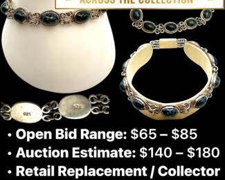 Lot # : 91 - Sterling Silver Moss Agate Cabochon Link Bracelet