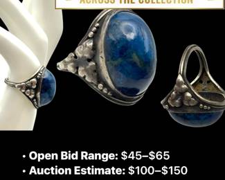 Lot # : 69 - 1950s Blue Azurite Cabochon Sterling Floral Ring