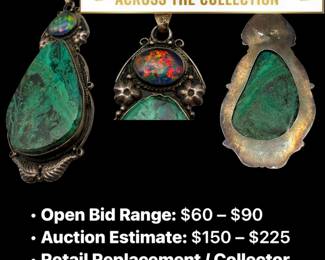 Lot # : 73 - 1950s Sterling Chrysocolla Cabochon & Opal Pendant