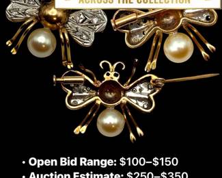 Lot # : 49 - 1940s Vermeil Bee Brooch: Diamonds, Rubies, Pearl