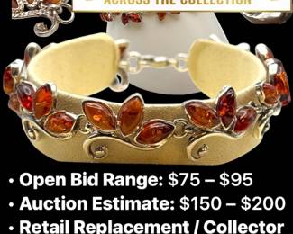 Lot # : 53 - Sterling Silver Cognac Amber Leaf & Vine Bracelet