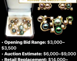 Lot # : 4 - 14K Tahitian Pearl & Diamond Brooch & Earrings Set