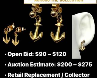 Lot # : 45 - 14K Gold Nautical Anchor Dangle Earrings