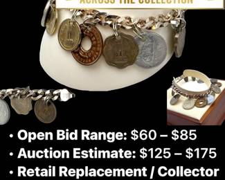 Lot # : 57 - 1960s Sterling Silver World Coin Charm Bracelet