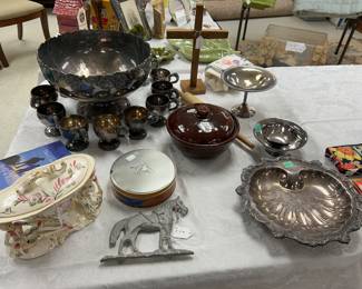 Silver plate punch bowl with cups