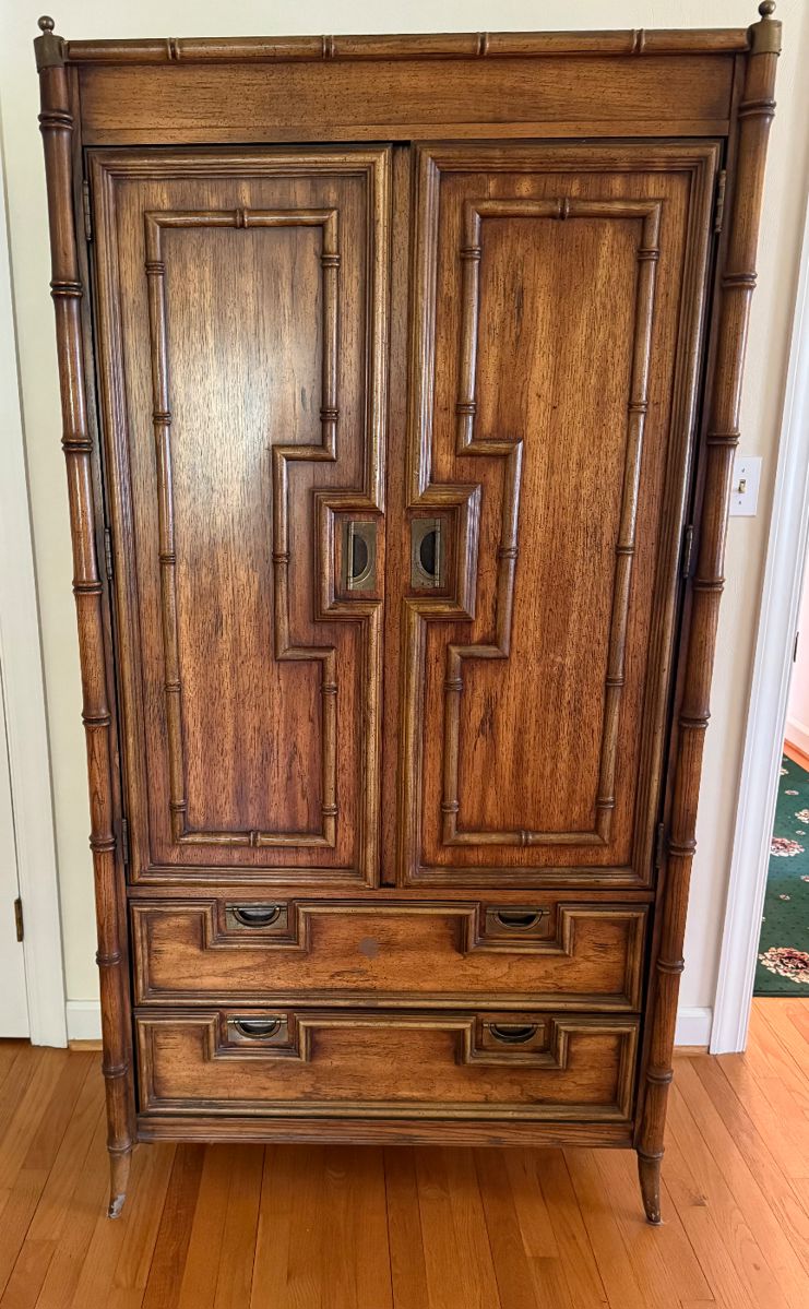 MCM Stanley Furniture Co armoire. Faux Pagdoda style.
