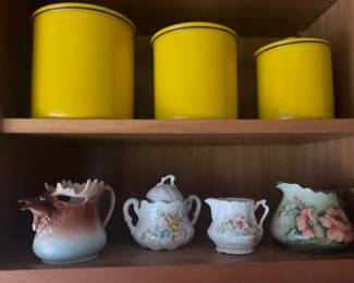 Unique canister set enamelware, the moose was a family peace in the family did remove the moose creamer. Sorry.