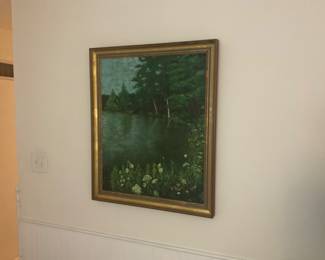 Very unique oil, painting of a lake and forest