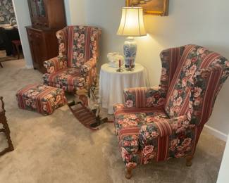 A pair of very unique wing back chairs