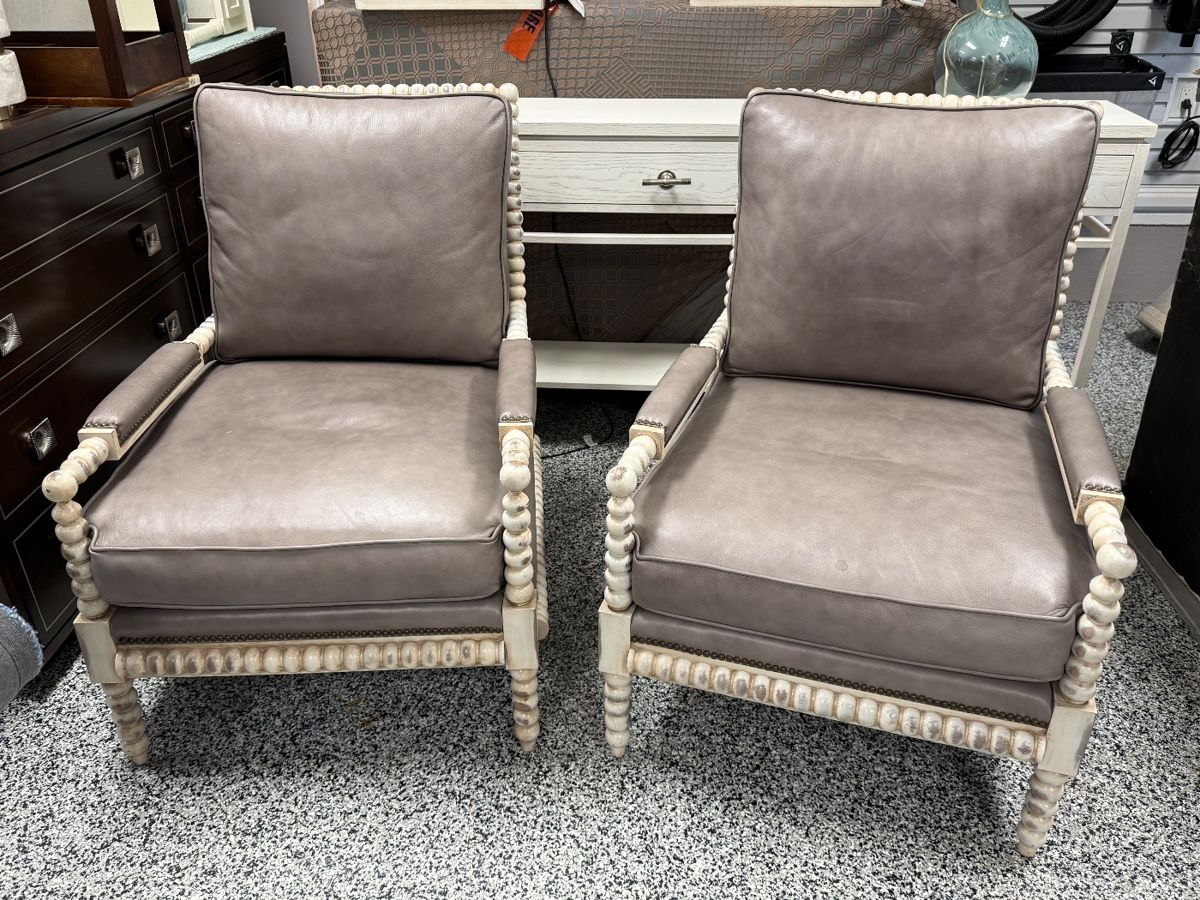 Item #1 - Pair of Carolina Custom Furniture spindle chairs.  Leather color - gray.  Condition shown in pictures.  H- 38"  D- 32"  W - 28". Seat Depth - 23 1/2. Price - $450.00.
