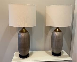 Item #10 - Pair of lamps.  Lamp base is a brown/copper color.  Lamp shade - 11" D.  H- 31 1/2" to top of finial. Price- $44.00