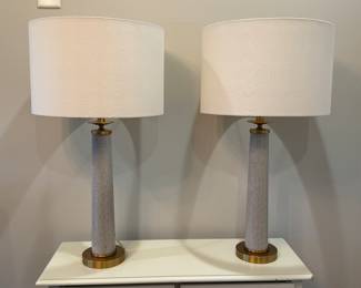 Item #23.  Pair of Faux granite finish column lamps with brass base.  H- 31 1/2".  W- 17". Price - $40.00.