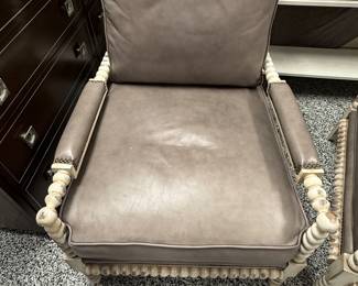 Item #1 - Pair of Carolina Custom Furniture spindle chairs.  Leather color - gray.  Condition shown in pictures.  H- 38"  D- 32"  W - 28". Seat Depth - 23 1/2. Price - $450.00.